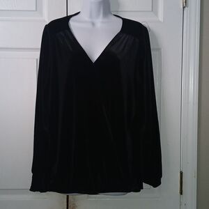 Wonderly Plus Sz Black Velour Shirred Sleeve Wrap Top Blouse Stretch Sz L
